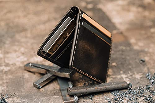 HoJ Co. Slim Card Wallet | Bifold Card Case | Full Grain Leather With Burnished Finish | Front Pocket Wallet | Minimalist Credit Card Holder (Black)