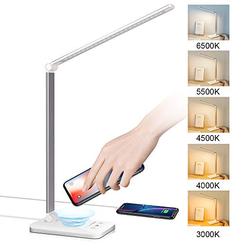 bedee LED Desk Lamp with Wireless Charger, Dimmable Desktop Lamp for Kids Study Office Bedside, Eye-Caring Table Lamps with Touch Control 5 Brightness Levels, 5 Lighting Modes and Timer, Silver