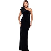 Xscape Women's Long One-Shoulder Velvet Dress with Ruffle Shoulder and Center Back Zipper, Black, 10