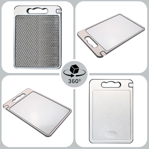 Tabla de Cortar Acero Inoxidable 304 Antibacteriana 35x25 cm | 3 en 1 con Afilador, Rallador y Canal Antiderrame | Doble Cara | Cuchillo Profesional + eBook 100 Recetas Mediterráneas
