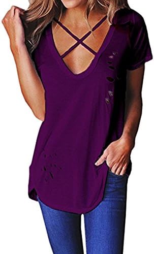 Fshop365 Women's Short Sleeve Swag Cross Front Ripped Tee T Shirt Tops Fuchsia XXL