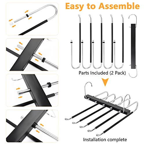 TAOPE Trouser Hangers Space Saving, 2 Pack Stainless Steel Hangers Pants Organizer, Non-Slip Closet Storage Organizer, 5 in 1 Scarf Holder for Skirts Jeans Scarves Belts Towels Ties Leggings - Black