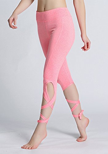 OVESPORT Women Yoga Leggings High Waist Workout Dance Pants with Ballet Ribbon (2088S, Pink)