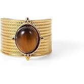 Dikixe Western Captivating Tiger's Eye Stone Ring,Solitaire 8 * 10mm Oval Cut Gemstone 18K Gold Plated Stack 13mm Wide Ribbed Texture Band Statement Ring for Women