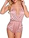 ADOME Women Lingerie Bodysuit V Neck Teddy Lace Babydoll Satin Pajamas Short Jumpsuit Nightwear Pink S