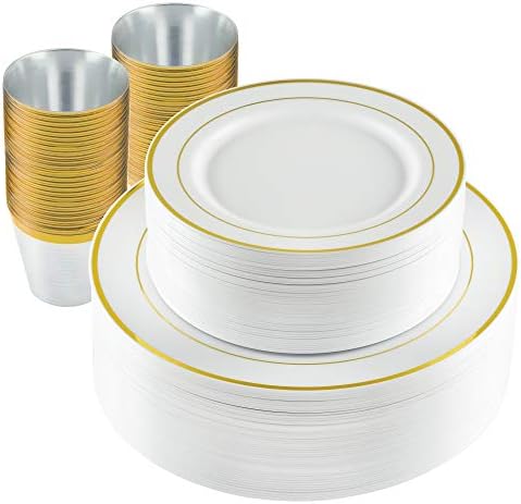 150 Pc Elegant Gold Rim Plastic Dinnerware Set | Bundle of 10.25" Plates + 7.5" Plates + 9oz Cups | High-End Disposable Party Supplies for Weddings, Housewarming, Graduation & Parties