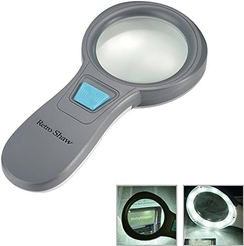 Magnifier 10 LED Lights, Retro Shaw 4X Handheld Reading Magnifying Glass Lens with Light Jewelry Loupe Gift for Hobbies and Crafts Gray and White
