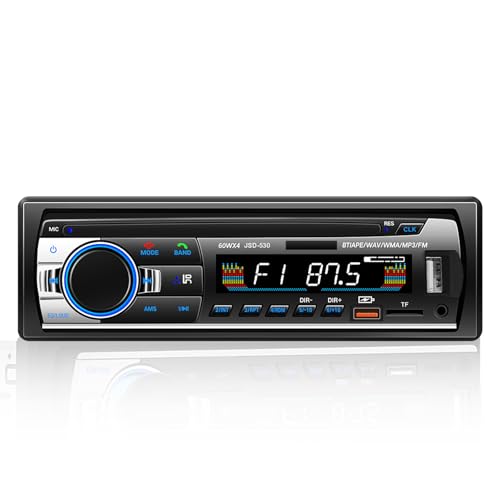 Car Radio Bluetooth 5.0, 4 x 60 W 1 DIN FM Car Radio with Hands-Free Function, Stereo Sound with Clock/Remote Control/Double USB/LCD Screen, Supports 2 USB/AUX/SD/TF/EQ/DSP