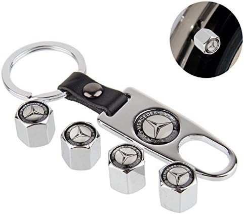 HQDS Silver Tire Valve Stem Air Caps Cover and Keychain Combo Set for Mercedes Benz