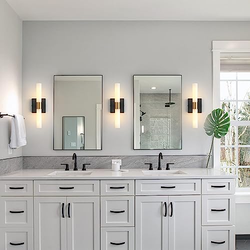 KUZZULL Wall Sconce Black and Gold Sconces Set of 2 with White Glass Shade Light Lighting Indoor Applique Murale Interieur Lamp Luminaire Mural Bathroom 13in