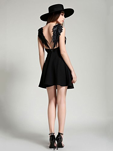 PERSUN Women's Black Skater Dress Plunge V-Neck Angel Wing Open Back Party Beach Mini Sundress,Small - Thumbnail 3