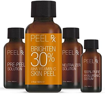 Brighten 30% AHA Vitamin C Skin Peel Kit 2 oz for at-home use with Pre-Peel Solution, Neutralizer Solution, and Post-Peel Hyaluronic Serum