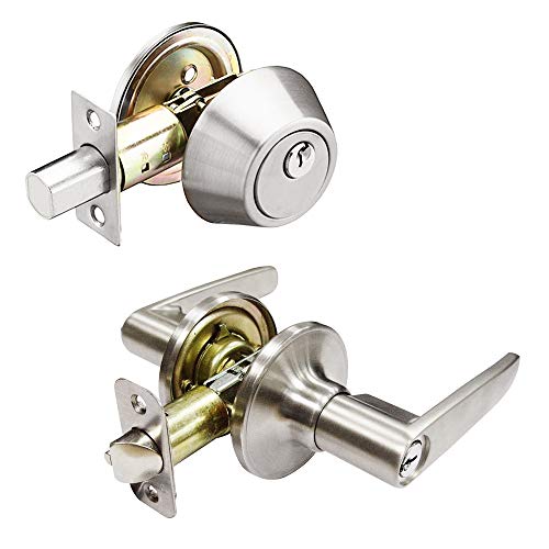 ã€3 Packã€‘Front Door Entry Lever Lock Set and Single Cylinder Deadbolt Combination Set, Satin Nickel