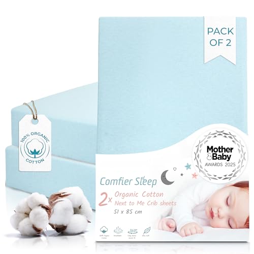 Next To Me Crib Sheets 51x85cm – Award-Winning 2 Pack Organic Cotton Blue Bedside Crib Fitted Sheets – Soft Breathable Tutti Bambini CoZee Fitted Sheets for Daily Use