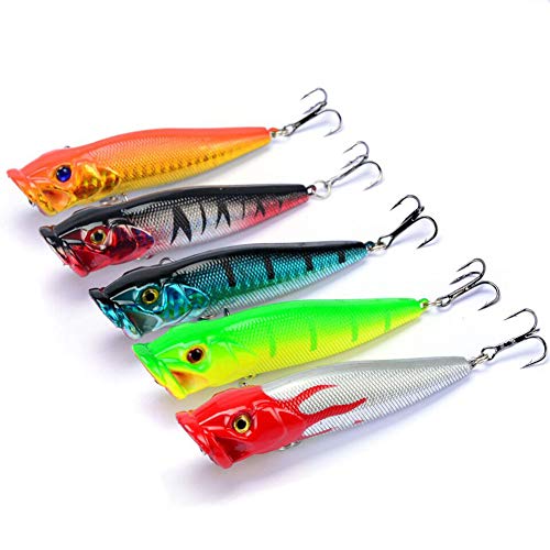 SunMine Fishing Lures 5pcs Fishing Bass Lures Popper Lure Shallow Swimbait Crankbait with Treble Hook 3D Fishing Eyes for Bass Trout Freshwater and Saltwater