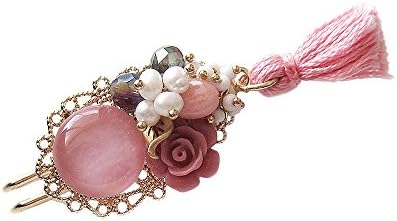 Hanabe Women Handmade Tassel Crystal Pearl Safety Pin Clothing Pin Brooch Pink