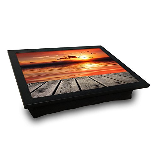 LaModaHome Sight MDF Pillow Tray - Beauty of Sunset and Flying Birds, Wooden Table - Pillow Cushioned Accessories, Portable Bed Stand for Notebook or Serving, Suitable for Use on Table, Sofa, Chair