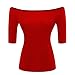 LilyCoco Womens Off The Shoulder Tops Half Sleeve Boatneck Bodycon Plain Shirt Elbow Sleeve Red XX-Large