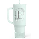 Personalized Monogrammed Tumbler with Handle 40oz, Letter E Tumblers Insulated Coffee Travel Cup, Custom Initial Gift for Women Girls Friends, Monogram Gift for Christmas Birthday Mothers Day