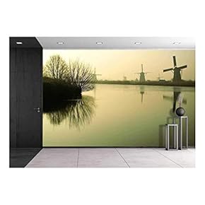 Traditional Dutch Windmills at Dawn in Kinderdijk, Netherlands - Removable Wall Mural | Self-Adhesive Large Wallpaper - 66x96 inches