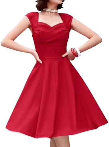 muxxn red dress MUXXN Vintage 1960s Sweetheart Neckline Red Swing Cocktail Party Swing Dress
