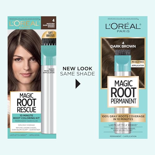 L’OREAL PARIS MAGIC ROOT RESCUE 10 MINUTE ROOT HAIR COLORING KIT, PERMANENT COLOR WITH QUICK PRECISION APPLICATOR, 100 PERCENT GRAY COVERAGE, 4 DARK BROWN, 1 KIT (PACKAGING MAY VARY)