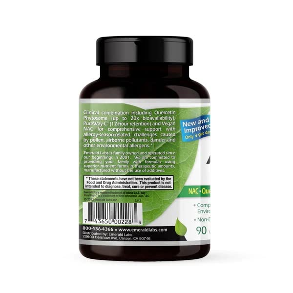 EMERALD LABS Allergy Health - Natural Allergy Support with Quercetin Phytosome, Bromelain, Vitamin C as PureWay-C & More * - Vegan & Gluten-Free - 90 Vegetable Capsules (30-Day Supply)