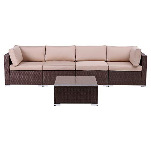Green4ever Outdoor Patio 5 Pieces Furniture All Weather Sectional PE Wicker Sofa Rattan Loveseat ...