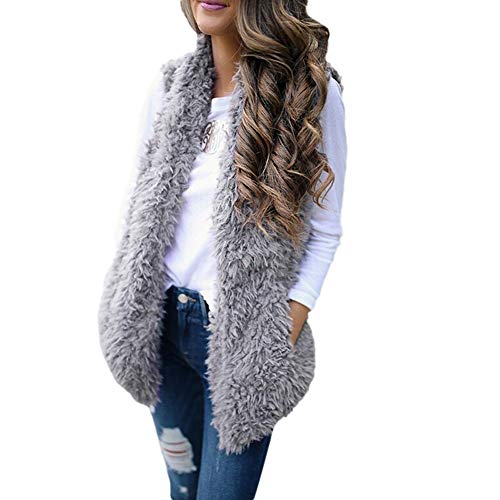 Sanyyanlsy Women's Autumn Fashion Sexy Solid Faux Fur Vest Coat Casual Sleeveless Warm Winter Long Outwear Waistcoat Top Gray