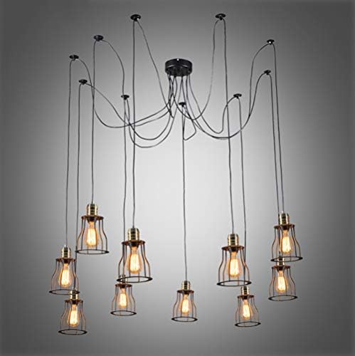 Phil lamps E27 Vintage Ceiling Lamp Hanging Lighting Edison Multiple Adjustable DIY Ceiling Metal Wire Cage Pendant Lighting Modern Chic Industrial Dining Light (10 Head),10heads1524180cm