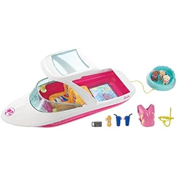 Barbie Dolphin Magic Ocean View Boat Playset - Take Barbie Doll and Her Friends for a Water Ride - Puppies Can Tube Behind - Scuba Snorkel and Life Vest Included - Dolls Sold Separately