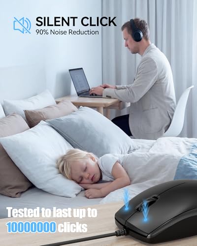 TECKNET Wired Mouse, Mice Wired Optical USB-A Computer Silent Mouse With DPI Tracking, Gaming Grade Sensor, 3 Buttons, Business Office Mouse PC/Laptop, Corded Mouse for Graphic Design (Black, Medium)