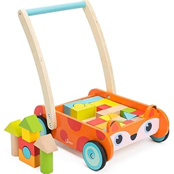cossy Wooden Baby Learning Walker Toddler Toys for 1 Year Old and up, Fox Blocks and Roll Cart Push Toy (35 pcs)Updated Version