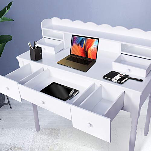 FUNKOCO White Writing Desk with Detachable Hutch& 5 Drawers,Modern
