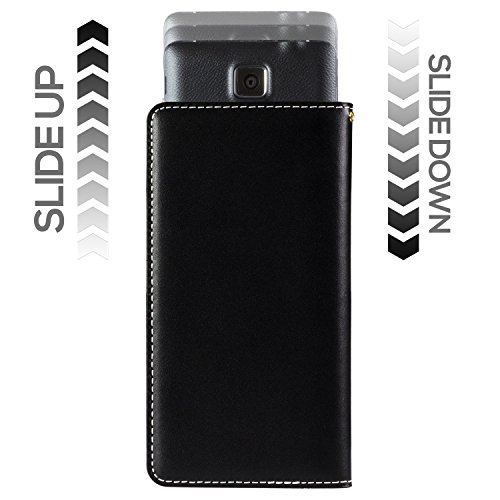 SOJITEK CAT S60 Black Hand Made Top Grain Leather Wallet Case with Smart Slide Up / Push Up function for camera