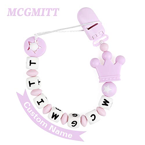 Infant Pacifier Clip Customize Name, MCGMITT Handmade Food Grade Silicone Teething Beads Chain w/BPA Free, Crown and Pentagram Teether Holder for Pacifier Toys, Gift for Boys Girls (Baby Pink)