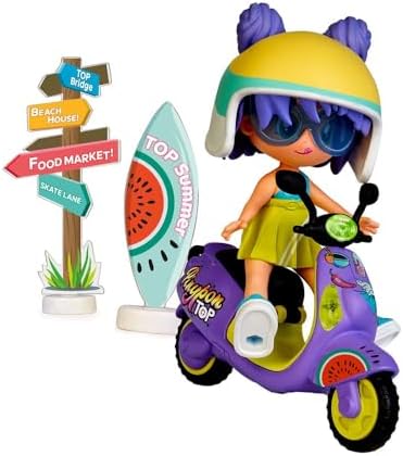 Moto Girl, Figura Articulada de Brazos y Piernas, Set de Chica Top con su Moto, Incluyen Casco y Gafas, Ropa y Zapatos Intercambiables, Doble Cara y Decoración, +4 años, Famosa (PNN03000)