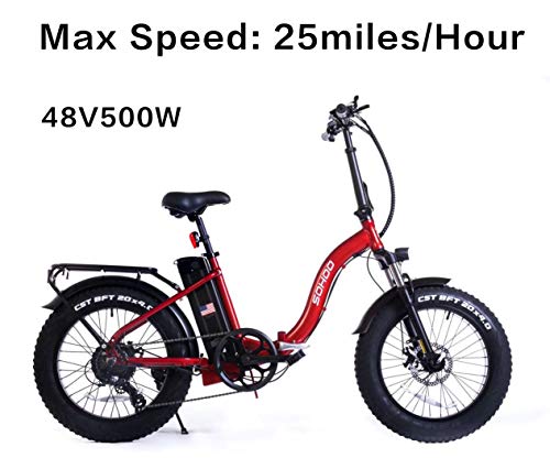 SOHOO 48V500W12AH E-Bike 20″ Folding Fat Tire Electric Bike (Red)