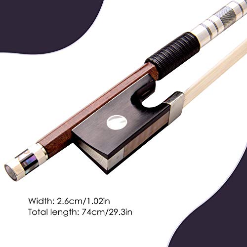 Violin Bow, Mugig Handmade Violin Bow, White 3A Grade Hair of Mongolian Horse, Silver plating Lizard Skin Handle, Polished Abalone and Ebony Frog (4/4, Wooden)