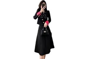 Women 2 Piece Set Tweed Wool Winter Thick Warm Bow Coat Jacket Party Long Skirt Suits