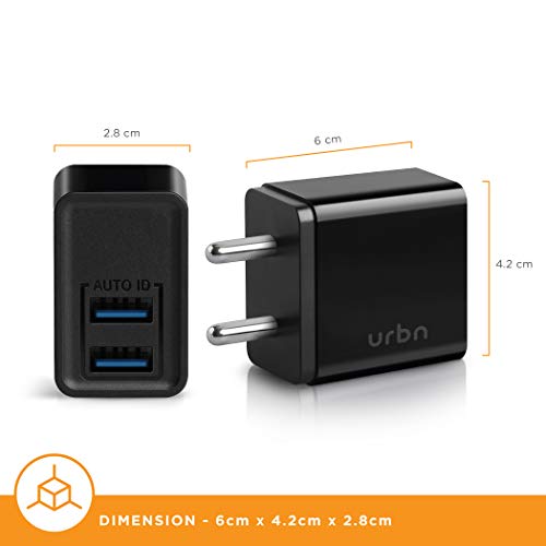 URBN 3.1Amp Dual Port Smart Charge Wall Adapter with 3 feet Fast Charging Type-C Cable Included - (Black)