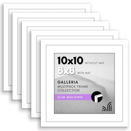 Americanflat 10x10 Picture Frame with Polished Plexiglass - Set of 5 - Use as 8x8 Frame with Mat or 10x10 Frame Without Mat - Galleria Collection - Gallery Frames for Tabletop and Wall Display - White