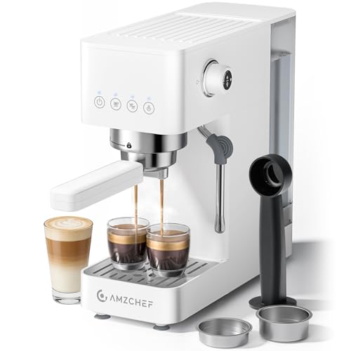 AMZCHEF 20 Bar Professional Espresso Machine, 1350W Coffee Machine with Milk Frother, Flexible Brewing Options, Compact Espresso Machine for Cappuccino, Latte, White