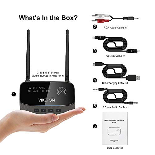 Bluetooth 5.0 Transmitter Receiver,3-in-1 Wireless Bluetooth Audio Adapter with NFC Function,aptX HD & aptX LL(Low Latency),262ft Extra Long Range,Double Pairing Simultaneously,for TV,PC,Car Music