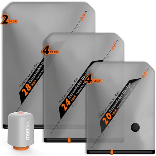 Vacbird 10 x Vacuum Bags with Wireless Vacuum Pump, 4 x 40 x 54 cm, 4 x 47 x 64 cm, 2 x 54 x 74 cm, Space-Saving Clothes Vacuum Bags - Ideal for Travel and Organizing Luggage