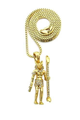 Iced Out Micro Egyptian God Anubis Pendant 2mm 24" Box Chain Necklace Gold Tone