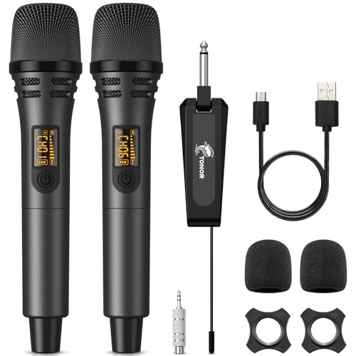 TONOR Kabellose Mikrofone, UHF Duales Karaoke Mikrofon Set mit wiederaufladbarem Empfänger, Kabelloses dynamisches Mikrofon, 60 m Mikrofon-Set für Sin