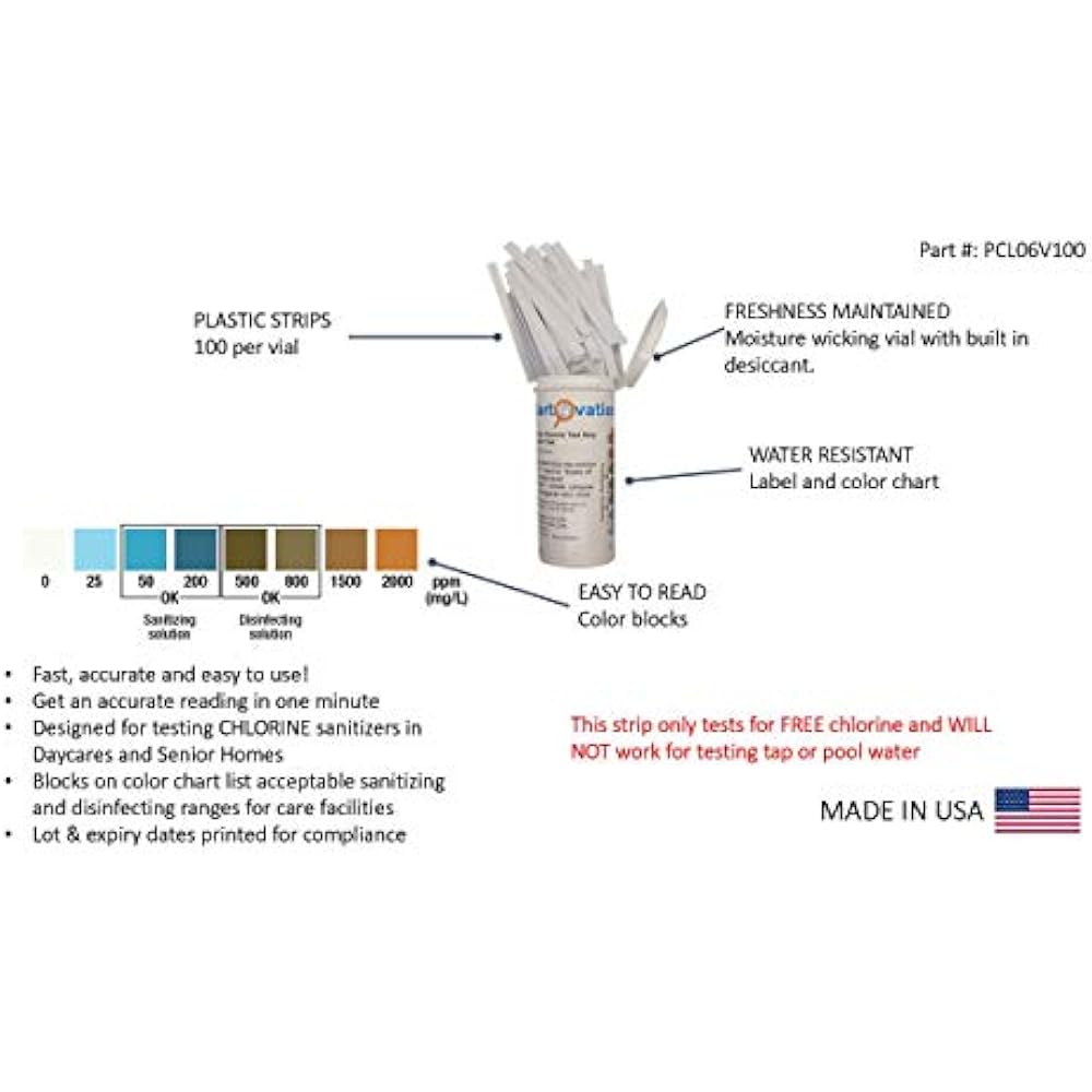 Active Chlorine Bleach Test Strips, 02000 Ppm Vial Of 100 Plastic