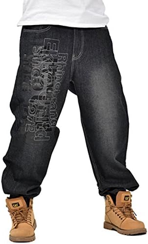 QIBOE Men's Hip Hop Embroidery Baggy Jeans Denim Pants