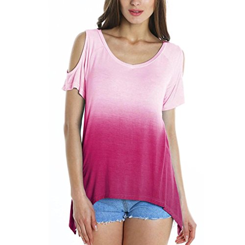 NREALY Women Short Sleeve Slim Cold Shouder Buttons Gradient Colour Blouse Tops Tee